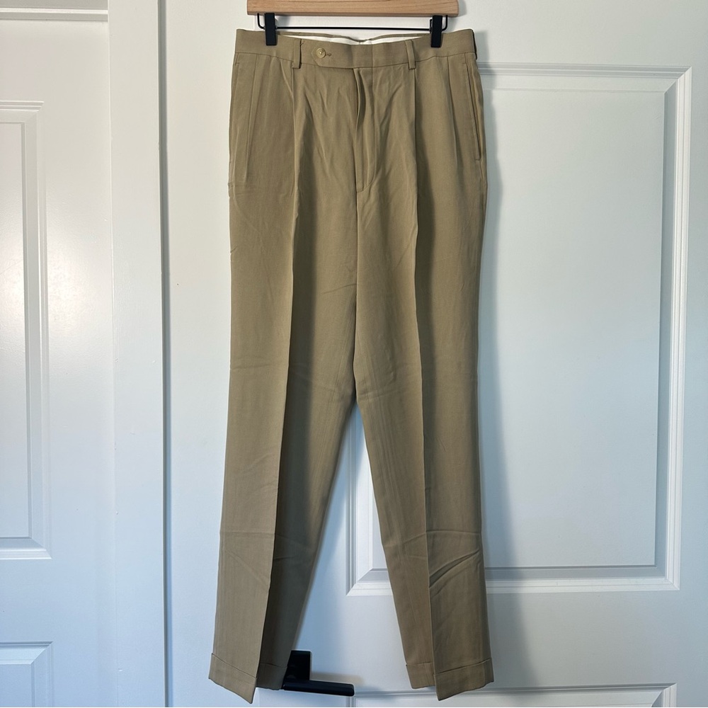 Nautica (32x32) 100% Silk Neutral Tan Pleated Front Trouser Pants